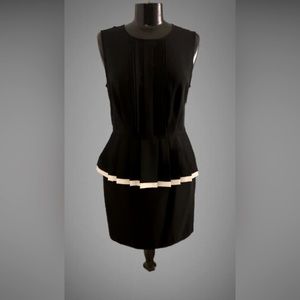 Black pleated pencil skirt with white trim.